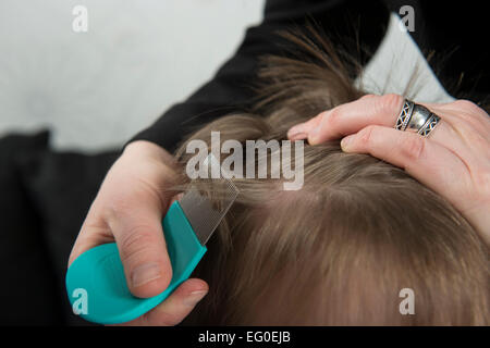 Mutter überprüfen Kinder Kopf für Läuse mit einem Kamm Stockfoto