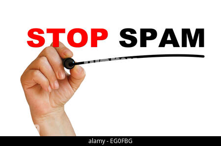 Worte "STOP SPAM" auf weißem Hintergrund gemacht in 2d Software zu schreiben Stockfoto