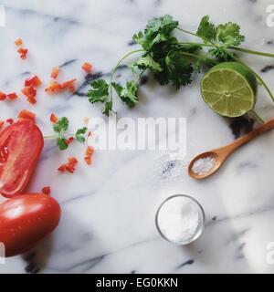 Nahaufnahme von Kalk, Tomaten, Salz und Petersilie Stockfoto