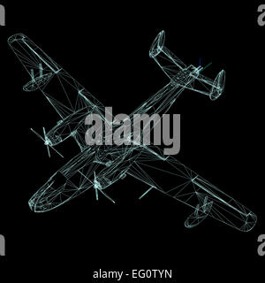 3D Modell des Flugzeugs auf schwarzem Hintergrund isoliert Stockfoto