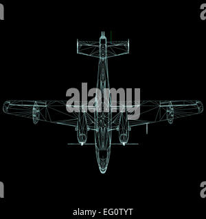 3D Modell des Flugzeugs auf schwarzem Hintergrund isoliert Stockfoto