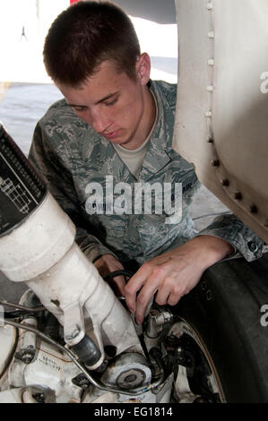 US Air Force Airman First Class Zach Goodwin aus Nashville, TN, stationiert am 20. Kämpfer-Flügel, Shaw Air Force Base, SC, prüft das Fahrwerk eine f-16 Fighting Falcon, nachdem es von einer Antenne Kampfunterstützung Trainingsmission während der 2010 Falcon Air treffen, 26. Oktober 2010, Mowaffak Salti Air Base, Azraq Jordan kehrt zurück. Das Falcon Air Meet ist ein freundschaftlichen Wettbewerb zentriert auf die f-16 Fighting Falcon.  F-16 Einheiten kam aus Jordanien, den Vereinigten Arabischen Emiraten und der US Air Force 20. Kämpfer-Flügel, Shaw Air Force Base, SC.  Zusätzliche zu den Teilnehmern gehörten eine Mirage-Einheit aus Pakistan und ein f-1 U.S. Navy Stockfoto