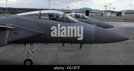 US Air Force Captain Tim Wegner und 1st Lt. Aaron Stevens warten auf das Ende einer Landebahn für Waffen Crews ihre abschließenden Prüfungen auf Flugzeug f-15 Eagle 17. November 2001, Chitose Air Base, Japan abgeschlossen. Die Jets trainiert"gegen" Japan Air Self-Defense Force Piloten aus Misawa Air Base, Japan.  44. Jagdgeschwader sind Kapitän Wegner und Leutnant Stevens zugewiesen.  Techn. Sgt. Mike Tateishi Stockfoto