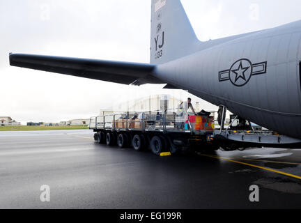 US Air Force Piloten aus der 36. Airlift Squadron aus Yokota Air Base, Japan, laden Boxen der gespendeten waren im Wert von mehr als 93.000 $ auf eine c-130 Hercules-Flugzeuge vor dem Abflug von Andersen Air Force Base, Guam, Dez. 14 während Betrieb Weihnachten fallen 2010. In diesem Jahr werden mehr als 60 Boxen, einem Gewicht von mehr als 20.000 Pfund insgesamt 55 Inseln gelöscht. Betrieb Weihnachten Drop ist die Air Force am längsten laufende humanitäre Kampagne, die im Jahre 1952 begann. Flieger heute setzen die Tradition fort, die Versorgung zu entlegenen Inseln des Commonwealth der nördlichen Marianen ich Stockfoto