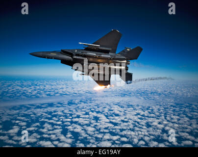 Ein US-Air Force F-15E Strike Eagle Flugzeuge aus der 335th Fighter Squadron löst Fackeln während einer lokalen Trainingsmission über North Carolina, 17. Dezember 2010.   Staff Sgt Michael B. Keller Stockfoto