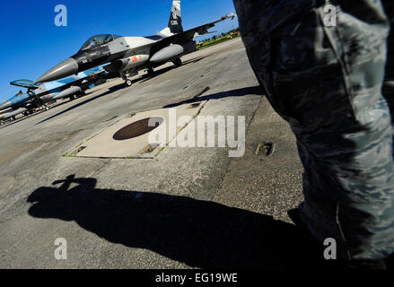 US Air Force Senior Airman Randy Sims, 354. Aircraft Maintenance Squadron, f-16 Fighting Falcon Crewchief, wartet auf das Signal, so dass er den Piloten aus den Parkplatz während des Trainings zu bewältigen Nord, 21. Februar 2011 zu marshallen. Die US Air Force und Japan Air Self-Defense Force führen zu bewältigen Nord jährlich bei Andersen Air Force Base, Guam, Kampfbereitschaft und Interoperabilität, die Konzentration auf Koordination und Evaluation von Luft Taktiken, Techniken und Verfahren zu erhöhen.  Staff Sgt Angelita M. Lawrence Stockfoto