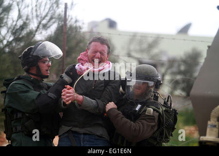 Ramallah. 13. Februar 2015. Israelische Soldaten verhaften einen palästinensischen Demonstranten während einer wöchentlichen Demonstration gegen israelischen Sperranlage im Westjordanland Dorf von Bilin in der Nähe von Ramallah, am 13. Februar 2015. © Fadi Aruri/Xinhua/Alamy Live-Nachrichten Stockfoto