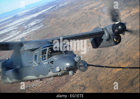 Ein US-Air Force CV-22 Osprey Spezialoperationen Flugzeug mit der 71. Special Operations Squadron SOS erhält Kraftstoff aus einem MC-130J bekämpfen Shadow II Luft tanken Flugzeuge aus der 522nd SOS 4. Januar 2012, über New Mexiko.  71. SOS befindet sich in Kirtland Air Force Base, N.M., und Luft tanken Training mit Mitgliedern der 522nd SOS an Kanone AFB, N.M. durchgeführt  Airman 1.Klasse Xavier Lockley Stockfoto