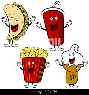 Ein Bild von einem Fast-Food-Taco, Soda, Popcorn und Eis Cartoon Maskottchen. Stockfoto