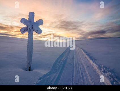 Eine Schneemobil-Spur in der baumlosen Wildnis von Lappland Stockfoto