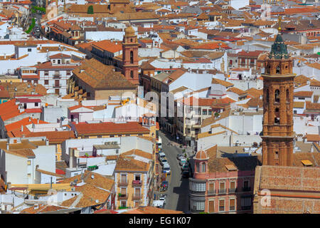 Stadtbild von Burg Turm, Antequera, Andalusien, Spanien Stockfoto