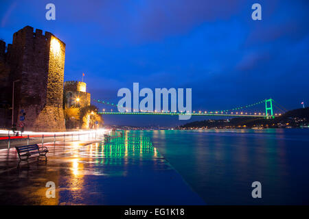 Rumeli Hisari (Rumeli Schloß) und Fatih Sultan Mehmet-Brücke Hintergrund Istanbul 2015 Stockfoto