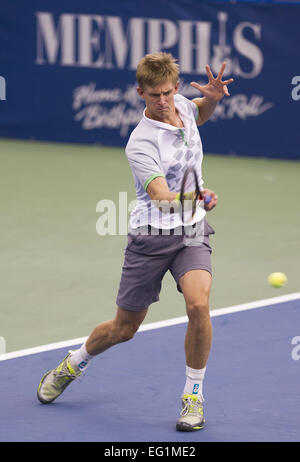 Memphis, TN, USA. 13. Februar 2015. Memphis, TN - 13 Februar: Kevin Anderson(RSA) in Aktion hier besiegt Steve Johnson(USA) 64 64 bei den 2015 Memphis Open in Memphis, Tennesse. Fotograf Andrew Patron/Zuma Draht © Andrew Patron/ZUMA Draht/Alamy Live-Nachrichten Stockfoto