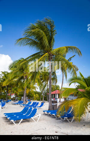 Strand Liegestühle auf der Princess Cays, Bahamas, Karibik. Stockfoto