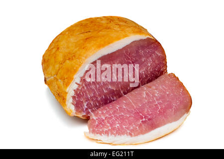 Ein großes Stück des köstlichen Schinken auf einem weißen Hintergrund. Stockfoto