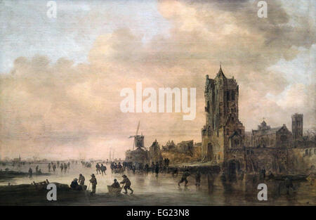 Les Patineurs Utrecht. Die Eisläufer Utrecht von Jan van Goyen 1596-1636. Eisläufer und Schlitten auf dem gefrorenen Fluss Vecht vor einer mittelalterlichen Stadt. Stockfoto