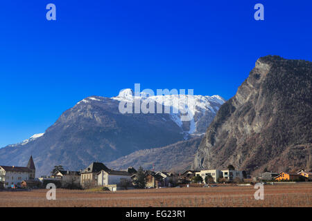Rhone-Tal zwischen Martigny und Sion, Kanton Wallis, Schweiz Stockfoto