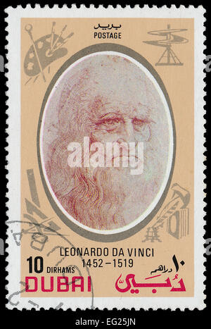 DUBAI - ca. 1968: Briefmarke gedruckt von Dubai, zeigt Leonardo da Vinci, ca. 1968 Stockfoto