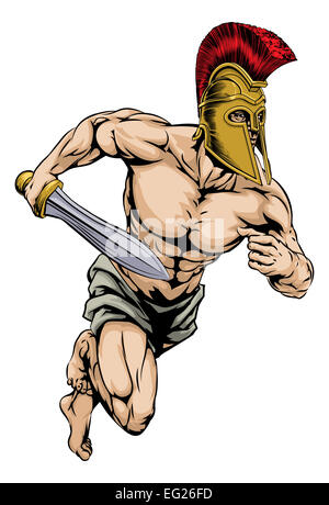 Ein Beispiel für ein Krieger oder Gladiator Charakter oder Sport-Maskottchen in einem Trojaner oder spartanischen Stil Helm mit einem Schwert Stockfoto