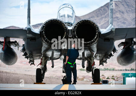 Senior Airman Nicholas Smyth inspiziert eine F-15E Strike Eagle während Green Flag-West 13 / 5. Juni 24, 2013 in der Nellis Air Force Base, Nevada Eine typische Green Flag Übung beinhaltet zwei multi-Role Kämpfer oder Bomber Geschwader, unbemannte Luftfahrzeuge, EloKa-Flugzeuge und Luft tanken Flugzeuge. Smyth ist ein Crewchef zugewiesen 4. Aircraft Maintenance Squadron an Seymour Johnson AFB, N.C.  Senior Airman Brett Clashman Stockfoto