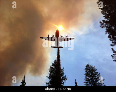 Ein California Air National Guard C130-J Hercules, ausgestattet mit Baukastensystem Airborne Brandbekämpfung Tropfen Retardant auf ein Lauffeuer in der Nähe von Twin Falls, Idaho, 8. August 2012. 146. Airlift Wing verfügt derzeit über zwei C130-Js und ca. 30 Mitarbeiter, die seit dem 30. Juni des U.S. Forest Service Brandbekämpfung im Nordwesten gerne aktiviert wurden. Foto bereitgestellt von Mike Freer Stockfoto