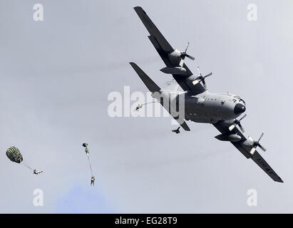 Fallschirmjäger aus US Army Alaska 4. Brigade Combat Team Airborne, 25. Infanterie-Division, springen von einem US Luftwaffe c-130 Hercules Frachtflugzeuge im Rahmen des Arctic Thunder Open House 2012 auf gemeinsamer Basis JB Elmendorf-Richardson, Alaska, 29. Juli 2012. Besucher aus der ganzen Alaska begab sich JB Elmendorf, die Aufführungen zu genießen und zeigt zur Verfügung.  Percy G. Jones Stockfoto