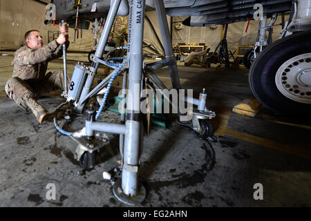 US Air Force Senior Airman Larry Webb, 455. Expeditionary Wartung Geschwader a-10 Thunderbolt II Crewchief, wirft eine a-10 Thunderbolt II in Bagram Air Field, Afghanistan, 30. Dezember 2013. Nach eine gewisse Zeit in der Luft zu verbringen, muss die A-10s Routinewartung erhalten. Webb wird bereitgestellt von der 23. Aircraft Maintenance Squadron von Moody Air Force Base, Georgia, und ein Eingeborener von Kanton, Ga.  Senior Airman Kayla Newman Stockfoto