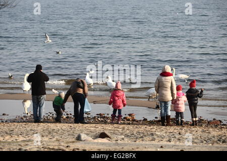 Gdynia, Polen. 14. Februar 2015. Menschen genießen das sonnige und warme Wetter zu Fuß entlang der Ostseeküste und Orlowo Pier in Gdynia Orlowo. Meteorologen vorhersagen Temperatur in der Nähe von 6 Celsius Grad während des Wochenendes. Bildnachweis: Michal Fludra/Alamy Live-Nachrichten Stockfoto