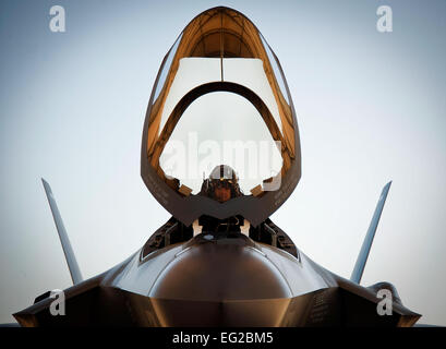 Oberstleutnant Benjamin Bishop ergänzt Preflight-Prüfungen vor seinem ersten Ausfall in einer F-35A Lightning II, 6. März 2013, Eglin Air Force Base, Florida Bischof gehört zu den ersten Piloten die offizielle Ausbildung beginnen, die im Januar begann. Bischof und andere 422. Test und Auswertung Geschwader Piloten startet operationellen Erprobung von der den joint Strike Fighter noch in diesem Jahr an Nellis AFB, Nevada Bischof ist 422. TES Director of Operations. Samuel King Jr. Stockfoto