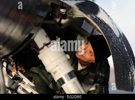 US Air Force Oberstleutnant Christian Robert, ein Pilot von 388th Kämpfer-Flügel, führt eine preflight-Überprüfung auf ein f-16 Fighting Falcon vor dem Start 15. Dezember 2010. Hill Air Force Base führt mehrere Kontrollen am Tag, um sicherzustellen, dass jeder Düse ist voll funktionsfähig und Mission bereit.  Senior Airman Devin Doskey Stockfoto