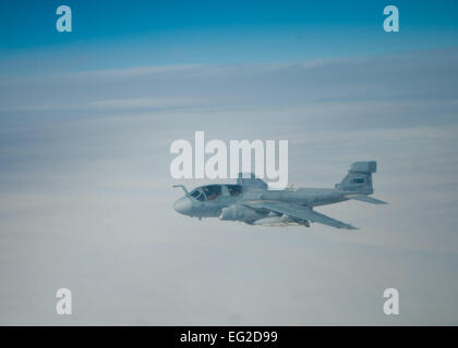 Ein US-Marinekorps EA-6 b Prowler, 2. Marine-Geschwader zugewiesen vom Marine Corps Air Station Cherry Point, North Carolina, fliegt über die Nevada Test und Trainingsbereich während rote Fahne 14-1 Februar 6, 2014. Die EA-6 b Prowler ist eine EloKa-Flugzeuge, die feindliche Radarsysteme zu Staus. Rote Fahne ist ein Kampftraining Übung gehostet bei Nellis Air Force Base, Nevada, die alle Spektren der Kriegsführung einschließlich Befehl und Steuerung, Echtzeitinformationen, Analyse und Ausbeutung und elektronische Kriegsführung integriert.  Flieger 1. Klasse Thomas Spangler Stockfoto