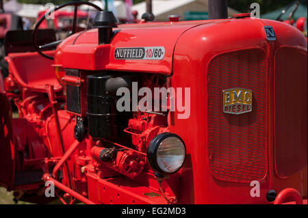 Close-up ein makelloses, poliert, sauber, hell rot classic Nuffield 10/60 diesel Traktor geparkt und auf der Anzeige - Tolle Yorkshire, England, UK. Stockfoto