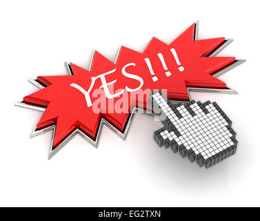 Hand-Cursor klicken auf eine Schaltfläche "Ja" Starburst, 3d render Stockfoto