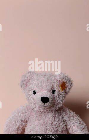 Ein Kinder Teddybär im Studio vor einem hellen rosa Hintergrund abgebildet. Stockfoto