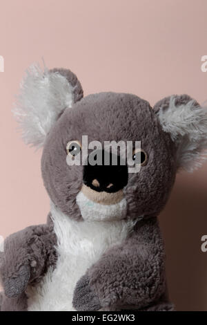 Ein Kinder Teddybär im Studio vor einem hellen rosa Hintergrund abgebildet. Stockfoto