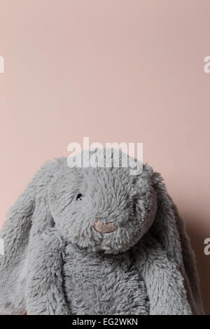 Ein Kinder Teddybär im Studio vor einem hellen rosa Hintergrund abgebildet. Stockfoto