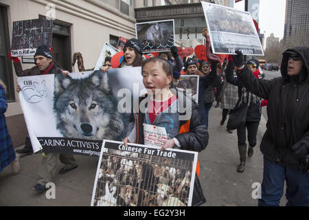 NY, NY, USA. 14. Februar 2015. Tierschützer Rechte öffnete ihre Herzen aus Protest am Valentinstag; marschieren auf 5th Ave., Bergdorf Goodman; ein Luxus waren Kaufhaus, das Fell verkauft; senden die Nachricht, dass Pelz zu kaufen ein Verbrechen gegen Tiere ist. Bildnachweis: David Grossman/Alamy Live-Nachrichten Stockfoto