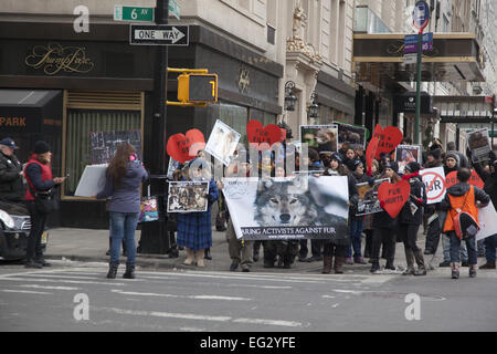 NY, NY, USA. 14. Februar 2015. Tierschützer Rechte öffnete ihre Herzen aus Protest am Valentinstag; marschieren auf 5th Ave., Bergdorf Goodman; ein Luxus waren Kaufhaus, das Fell verkauft; senden die Nachricht, dass Pelz zu kaufen ein Verbrechen gegen Tiere ist. Bildnachweis: David Grossman/Alamy Live-Nachrichten Stockfoto