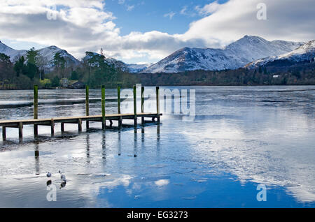 Derwentwater, Keswick, winter, zwei Vögel auf teilweise zugefrorenen See vom Holzsteg, Schnee bedeckte Fjälls hinter Lake District von Cumbria Stockfoto