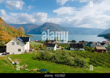 Dorf Solvorn am Lustrafjord, inneren Zweig des Sognefjords, typisch norwegischen Holzhäusern, Herbst Stockfoto