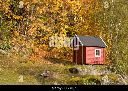 Rote Gartenhäuschen, Dorf Solvorn am Lustrafjord, inneren Zweig des Sognefjords, typisch norwegischen Holzhaus, Herbst Stockfoto