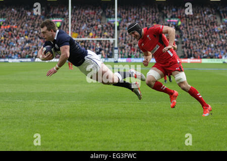 Edinburgh, Schottland. 15. Februar 2015. 6 Nations Championship. Schottland gegen Wales.Scotland Stuart Hogg erzielt einen Versuch für Schottland. Wales Sam Warburton können ihn nicht aufhalten. Bildnachweis: Aktion Plus Sport/Alamy Live-Nachrichten Stockfoto