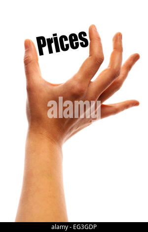 Schließen Sie erschossen zwei Finger messen das Wort "Preise" Stockfoto