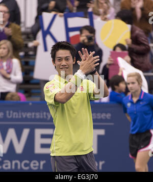 Memphis, TN, USA. 15. Februar 2015. Memphis, TN - Februar 15: Kei Nishikori(JPN) feiert Sieg über Kevin Anderson(RSA) 64 64 bei den 2015 Memphis Open in Memphis, Tennesse. Fotograf Andreas Patron. Bildnachweis: Andrew Patron/ZUMA Draht/Alamy Live-Nachrichten Stockfoto