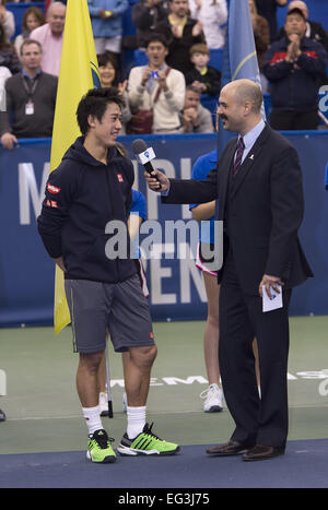 Memphis, TN, USA. 15. Februar 2015. Memphis, TN - Februar 15: Kei Nishikori(JPN) in Aktion hier besiegt Kevin Anderson(RSA) 64 64 bei den 2015 Memphis Open in Memphis, Tennesse. Fotograf Andreas Patron. Bildnachweis: Andrew Patron/ZUMA Draht/Alamy Live-Nachrichten Stockfoto