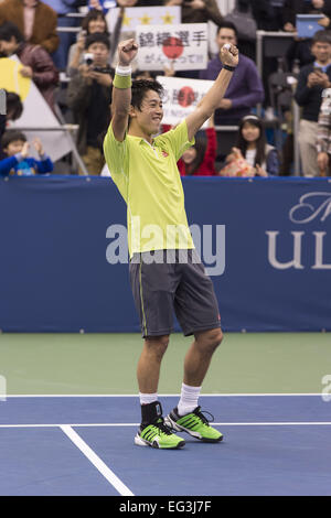 Memphis, TN, USA. 15. Februar 2015. Memphis, TN - Februar 15: Kei Nishikori(JPN) feiert Sieg über Kevin Anderson(RSA) 64 64 bei den 2015 Memphis Open in Memphis, Tennesse. Fotograf Andreas Patron. Bildnachweis: Andrew Patron/ZUMA Draht/Alamy Live-Nachrichten Stockfoto