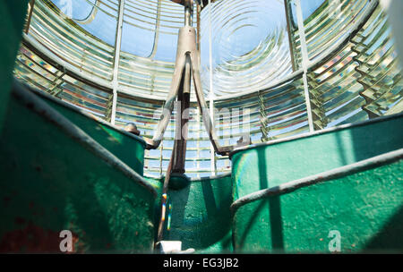 Leuchtturm-Glaslinse, Ansicht von innen Stockfoto
