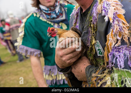 Ein Zecher hält das Huhn, die, das er bei den traditionellen Cajun Courir de Karneval Chicken Run 15. Februar 2015 in Kirche-Punkt, Louisiana gefangen. Die Veranstaltung beinhaltet 900-hundert kostümierte Jecken im Wettbewerb um eine lebende Hühner fangen, da sie von Haus zu Haus in der ländlichen Gemeinde bewegen. Stockfoto