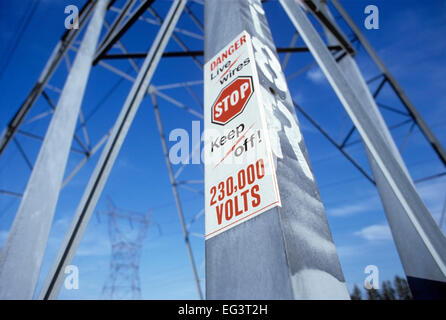 Hydro-Übertragung Türme, Warnschild Nordamerika, Kanada, Ontario Stockfoto