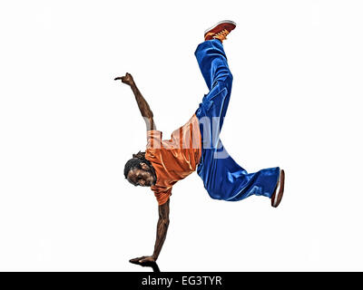 ein hip Hop akrobatische Pause Tänzer Breakdance Jüngling Handstand Silhouette weißen Hintergrund Stockfoto